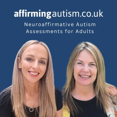 Two smiling women in front of a blue background with text about autism assessments.